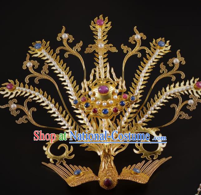 China Traditional Ming Dynasty Golden Hairpin Handmade Hair Jewelry Ancient Empress Pearls Phoenix Hair Crown