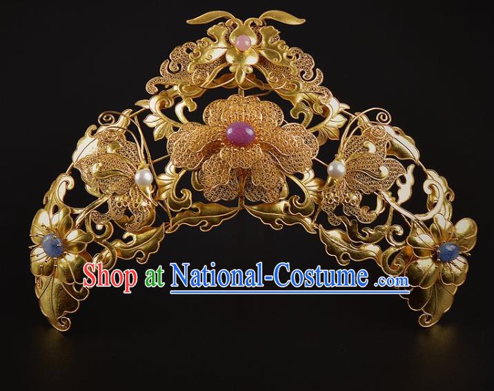 China Traditional Tang Dynasty Golden Peony Hairpin Handmade Hair Jewelry Ancient Empress Filigree Golden Hair Crown