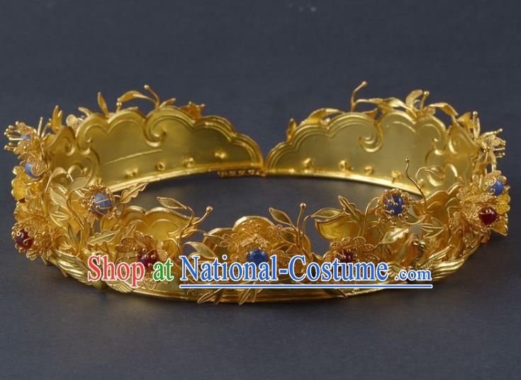 China Traditional Ming Dynasty Palace Golden Hair Crown Handmade Hair Jewelry Ancient Empress Gems Hairpin Hair Clasp