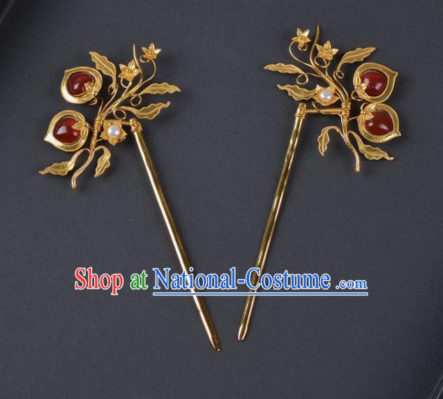 China Traditional Song Dynasty Palace Garnet Hair Stick Handmade Hair Jewelry Ancient Empress Golden Hairpin