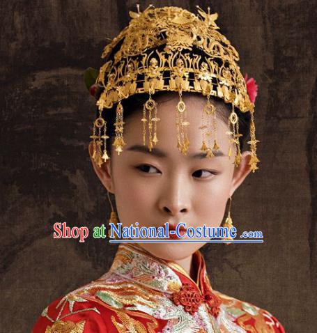 Traditional China Ancient Empress Tassel Phoenix Coronet Handmade Hair Ornament Ming Dynasty Palace Golden Hair Crown