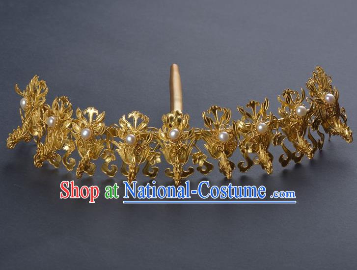 Traditional China Qing Dynasty Palace Golden Phoenix Hair Crown Handmade Hair Ornament Ancient Empress Pearls Hairpin