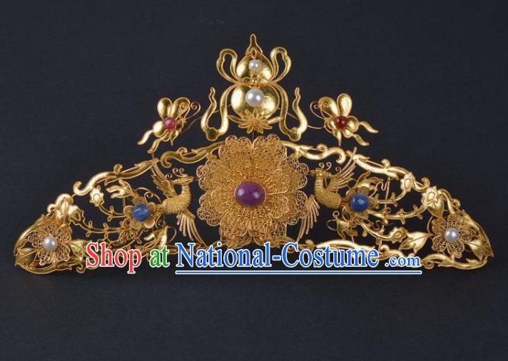 China Handmade Hair Jewelry Ancient Empress Hairpin Hair Comb Traditional Ming Dynasty Palace Golden Gourd Phoenix Hair Crown