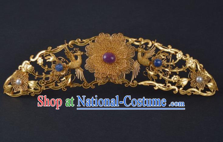 China Handmade Hair Jewelry Ancient Empress Hairpin Hair Comb Traditional Ming Dynasty Palace Golden Gourd Phoenix Hair Crown