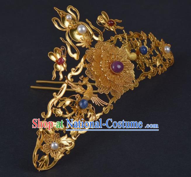 China Handmade Hair Jewelry Ancient Empress Hairpin Hair Comb Traditional Ming Dynasty Palace Golden Gourd Phoenix Hair Crown