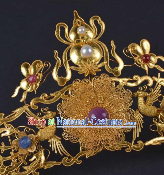 China Handmade Hair Jewelry Ancient Empress Hairpin Hair Comb Traditional Ming Dynasty Palace Golden Gourd Phoenix Hair Crown