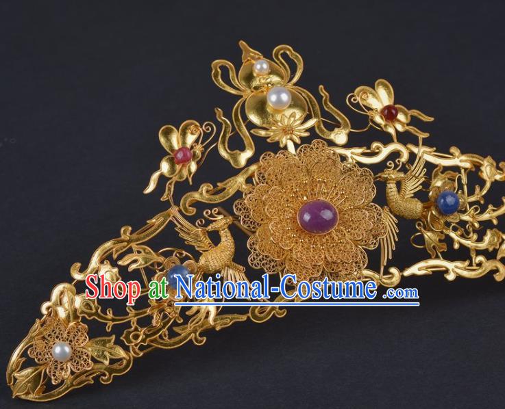 China Handmade Hair Jewelry Ancient Empress Hairpin Hair Comb Traditional Ming Dynasty Palace Golden Gourd Phoenix Hair Crown