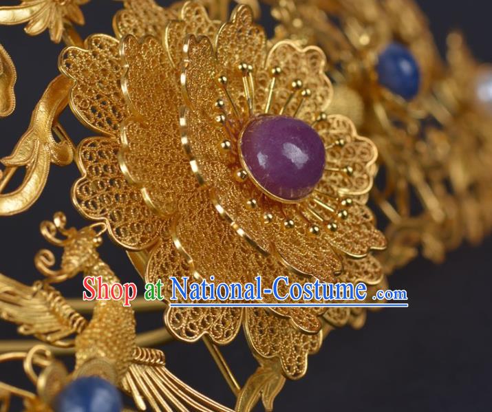 China Handmade Hair Jewelry Ancient Empress Hairpin Hair Comb Traditional Ming Dynasty Palace Golden Gourd Phoenix Hair Crown