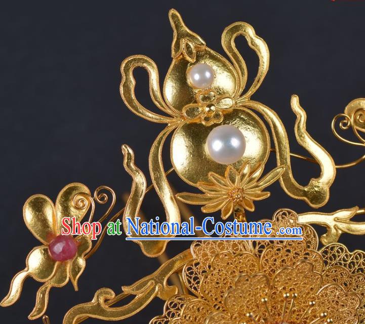 China Handmade Hair Jewelry Ancient Empress Hairpin Hair Comb Traditional Ming Dynasty Palace Golden Gourd Phoenix Hair Crown