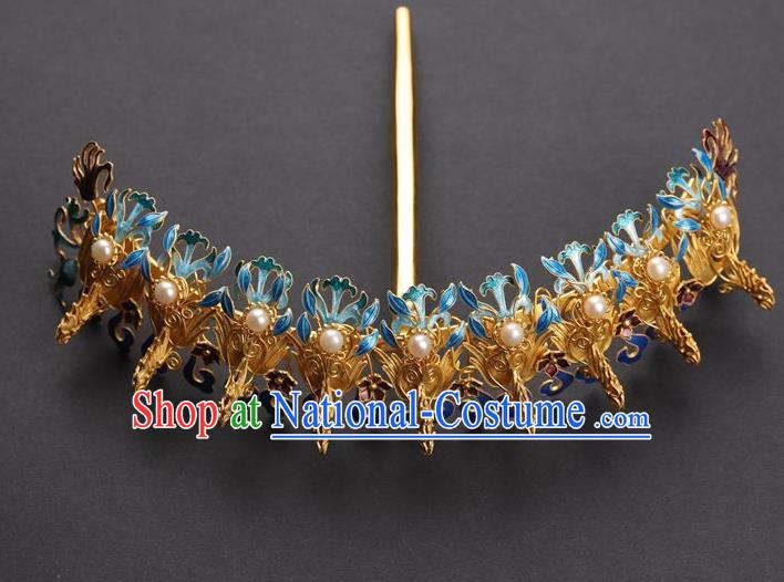 Traditional China Handmade Hair Ornament Ancient Empress Pearls Hairpin Qing Dynasty Palace Cloisonne Phoenix Hair Crown