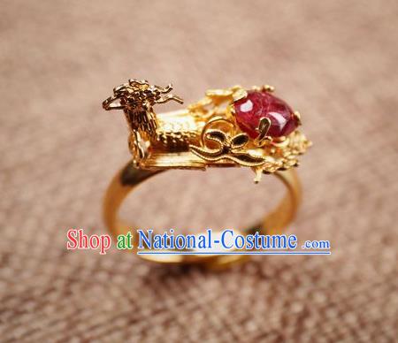 Handmade Chinese Ancient Empress Golden Phoenix Ring Jewelry Traditional Qing Dynasty Court Ruby Accessories