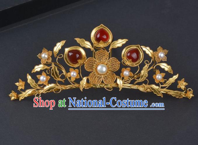 China Ancient Empress Golden Plum Hairpin Traditional Ming Dynasty Palace Agate Hair Crown Handmade Hair Jewelry