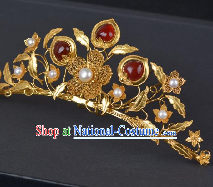 China Ancient Empress Golden Plum Hairpin Traditional Ming Dynasty Palace Agate Hair Crown Handmade Hair Jewelry