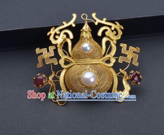 Handmade Chinese Ancient Empress Golden Gourd Breastpin Jewelry Traditional Qing Dynasty Court Pearls Brooch Accessories