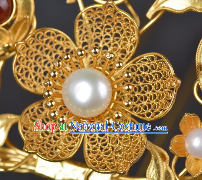 China Ancient Empress Golden Plum Hairpin Traditional Ming Dynasty Palace Agate Hair Crown Handmade Hair Jewelry