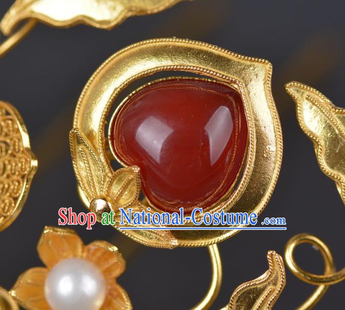 China Ancient Empress Golden Plum Hairpin Traditional Ming Dynasty Palace Agate Hair Crown Handmade Hair Jewelry