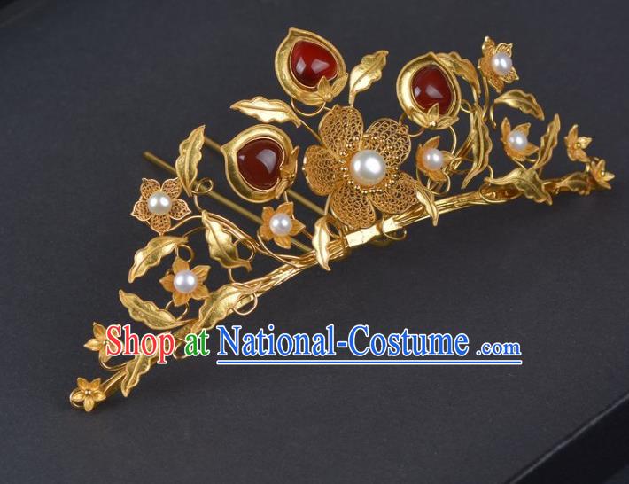 China Ancient Empress Golden Plum Hairpin Traditional Ming Dynasty Palace Agate Hair Crown Handmade Hair Jewelry