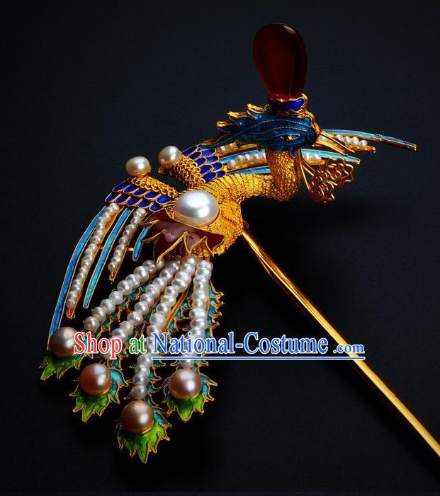 Traditional China Handmade Hair Ornament Qing Dynasty Palace Pearls Hair Stick Ancient Empress Cloisonne Phoenix Hairpin