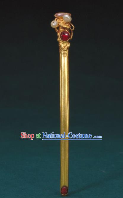 Traditional China Qing Dynasty Palace Golden Hair Stick Ancient Empress Pearls Hairpin Handmade Hair Ornament