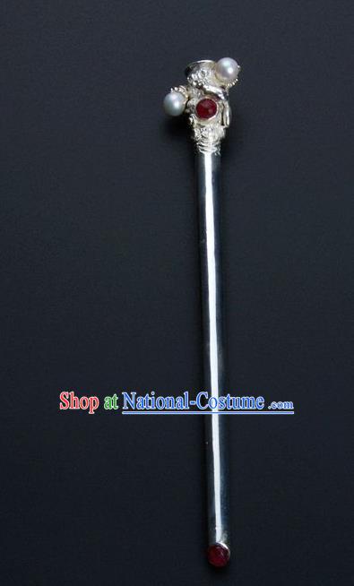 Traditional China Ancient Empress Pearls Hairpin Handmade Hair Ornament Qing Dynasty Palace Silver Hair Stick