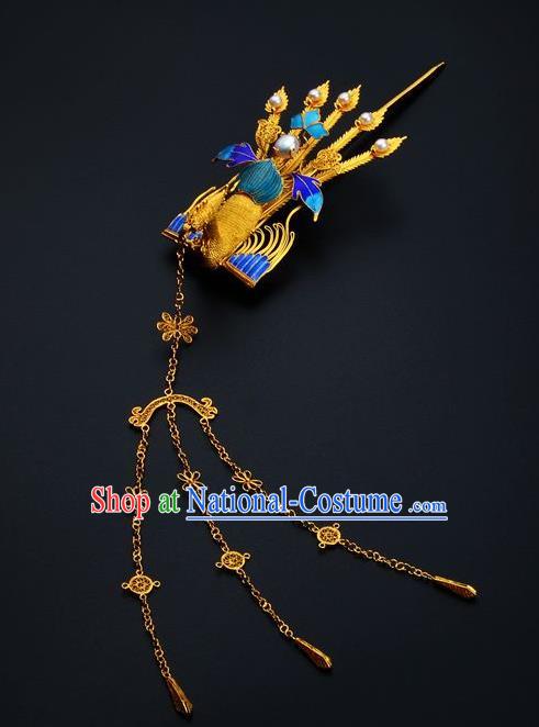 Traditional China Ancient Empress Golden Tassel Hairpin Handmade Hair Ornament Qing Dynasty Palace Cloisonne Phoenix Hair Stick