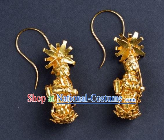 Handmade Chinese Ancient Empress Ear Jewelry Traditional Ming Dynasty Court Golden Earrings Accessories