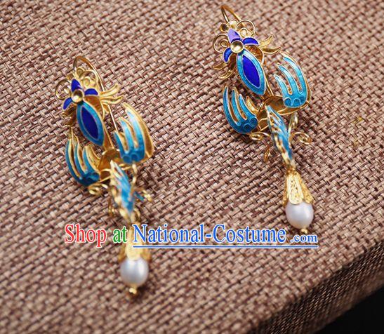 Handmade Chinese Ancient Empress Blueing Phoenix Ear Jewelry Traditional Qing Dynasty Court Pearl Earrings Accessories