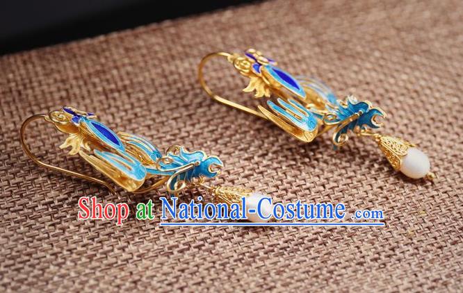 Handmade Chinese Ancient Empress Blueing Phoenix Ear Jewelry Traditional Qing Dynasty Court Pearl Earrings Accessories