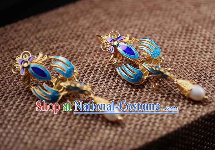 Handmade Chinese Ancient Empress Blueing Phoenix Ear Jewelry Traditional Qing Dynasty Court Pearl Earrings Accessories