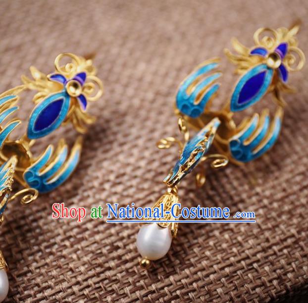 Handmade Chinese Ancient Empress Blueing Phoenix Ear Jewelry Traditional Qing Dynasty Court Pearl Earrings Accessories