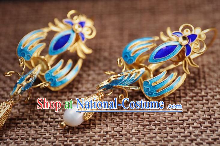 Handmade Chinese Ancient Empress Blueing Phoenix Ear Jewelry Traditional Qing Dynasty Court Pearl Earrings Accessories