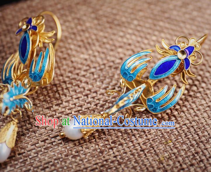 Handmade Chinese Ancient Empress Blueing Phoenix Ear Jewelry Traditional Qing Dynasty Court Pearl Earrings Accessories