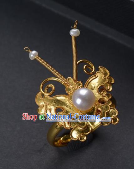 Handmade Chinese Ancient Court Empress Pearls Ring Jewelry Traditional Qing Dynasty Golden Butterfly Ring Accessories