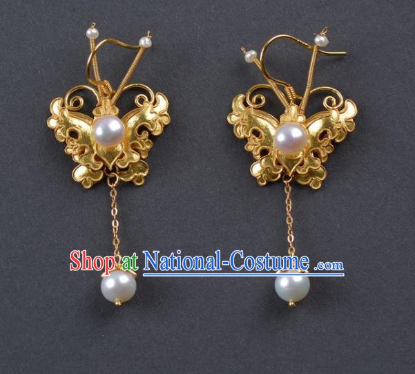 Handmade Chinese Ancient Empress Pearls Ear Jewelry Traditional Qing Dynasty Court Golden Butterfly Earrings Accessories