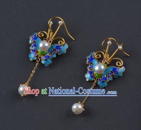 Handmade Chinese Traditional Qing Dynasty Court Blueing Butterfly Earrings Accessories Ancient Empress Pearls Ear Jewelry