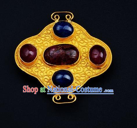 Handmade Chinese Traditional Qing Dynasty Court Golden Necklace Accessories Ancient Empress Gems Jewelry Pendant