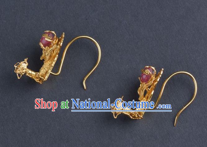 Handmade Chinese Traditional Ming Dynasty Wedding Ear Accessories Ancient Empress Golden Phoenix Earrings Jewelry