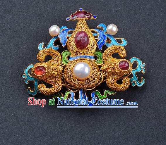 Handmade Chinese Traditional Qing Dynasty Gems Breastpin Accessories Ancient Empress Golden Filigree Gourd Brooch Jewelry