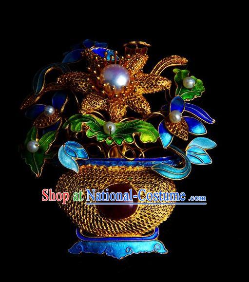 Handmade Chinese Traditional Qing Dynasty Filigree Breastpin Pearls Accessories Ancient Empress Cloisonne Brooch Jewelry