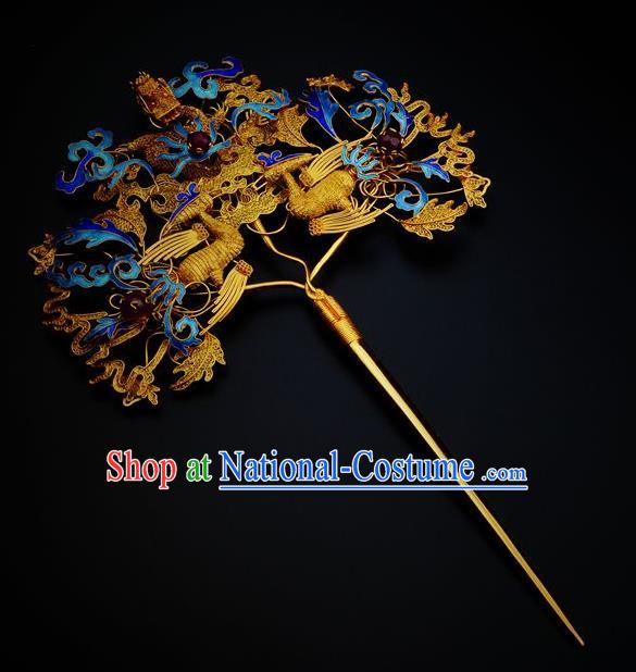 Traditional China Ancient Empress Filigree Phoenix Hairpin Handmade Hair Ornament Qing Dynasty Palace Cloisonne Hair Stick