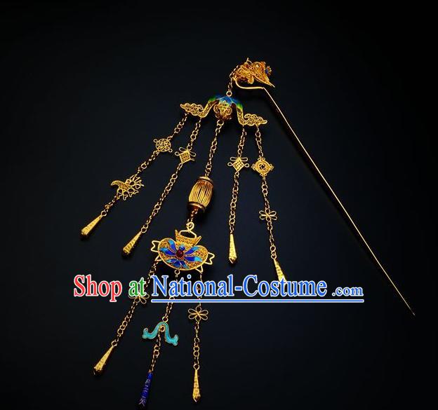 Traditional China Ancient Empress Golden Phoenix Hairpin Handmade Hair Ornament Qing Dynasty Palace Cloisonne Tassel Hair Stick