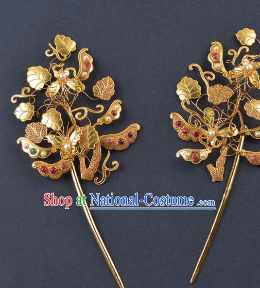 China Traditional Qing Dynasty Palace Gems Pearls Hair Stick Handmade Hair Jewelry Ancient Empress Golden Peasecod Hairpin