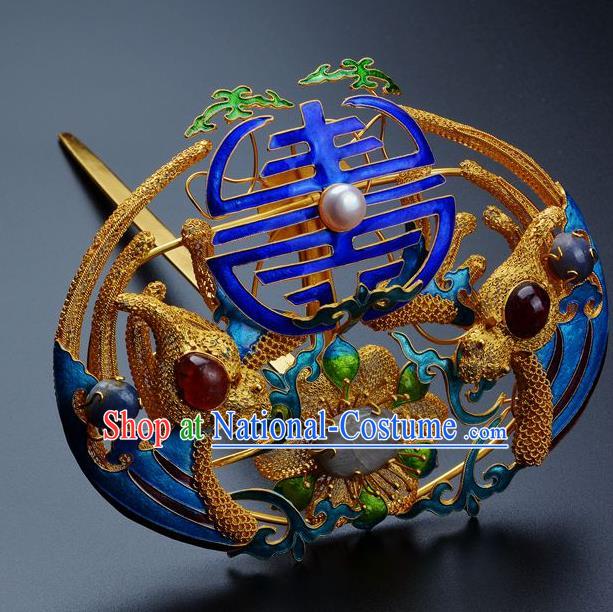 Traditional China Qing Dynasty Palace Cloisonne Hair Crown Handmade Hair Ornament Ancient Empress Gems Hairpin