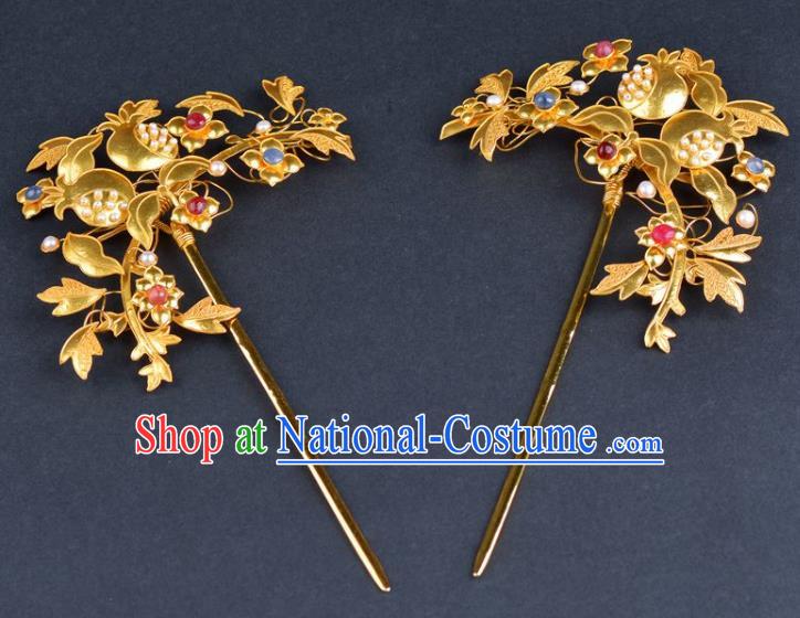 China Traditional Qing Dynasty Palace Golden Pomegranate Hair Stick Handmade Gems Hair Jewelry Ancient Empress Pearls Hairpin