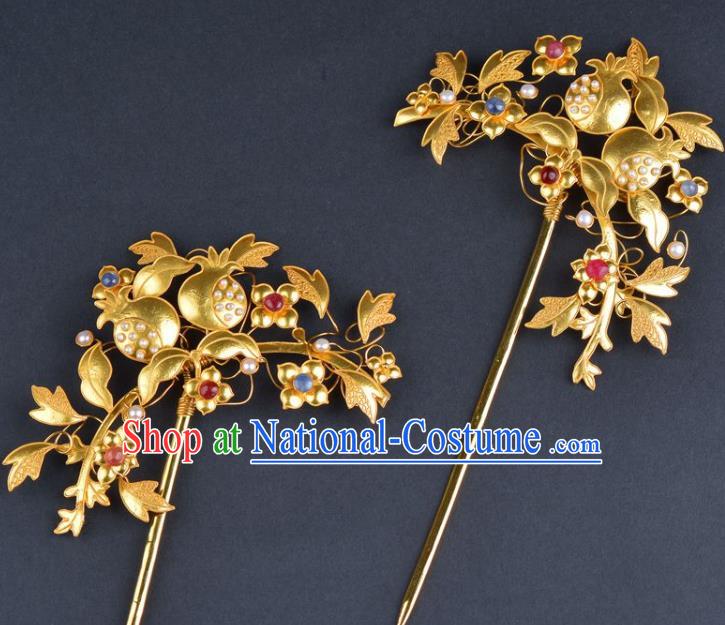 China Traditional Qing Dynasty Palace Golden Pomegranate Hair Stick Handmade Gems Hair Jewelry Ancient Empress Pearls Hairpin