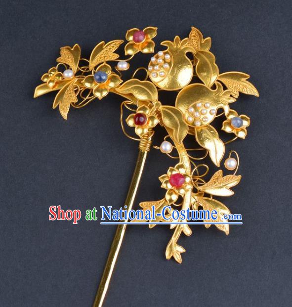 China Traditional Qing Dynasty Palace Golden Pomegranate Hair Stick Handmade Gems Hair Jewelry Ancient Empress Pearls Hairpin