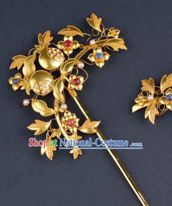 China Traditional Qing Dynasty Palace Golden Pomegranate Hair Stick Handmade Gems Hair Jewelry Ancient Empress Pearls Hairpin