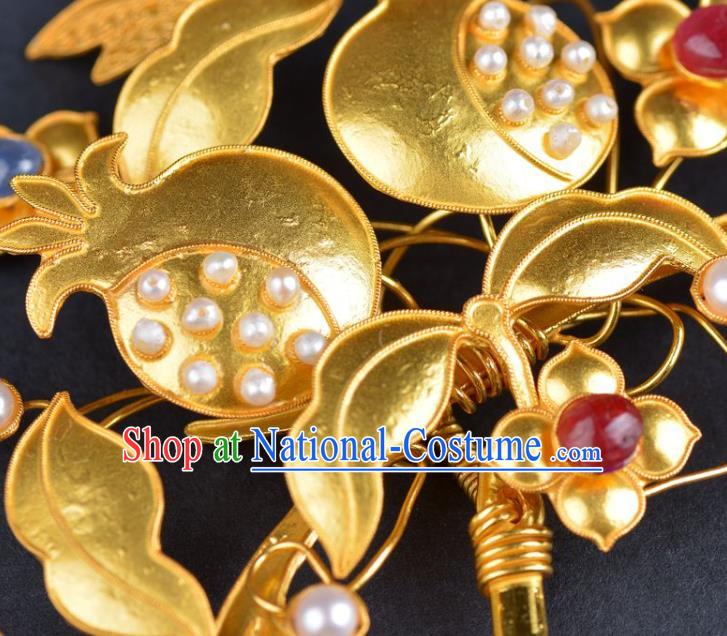 China Traditional Qing Dynasty Palace Golden Pomegranate Hair Stick Handmade Gems Hair Jewelry Ancient Empress Pearls Hairpin