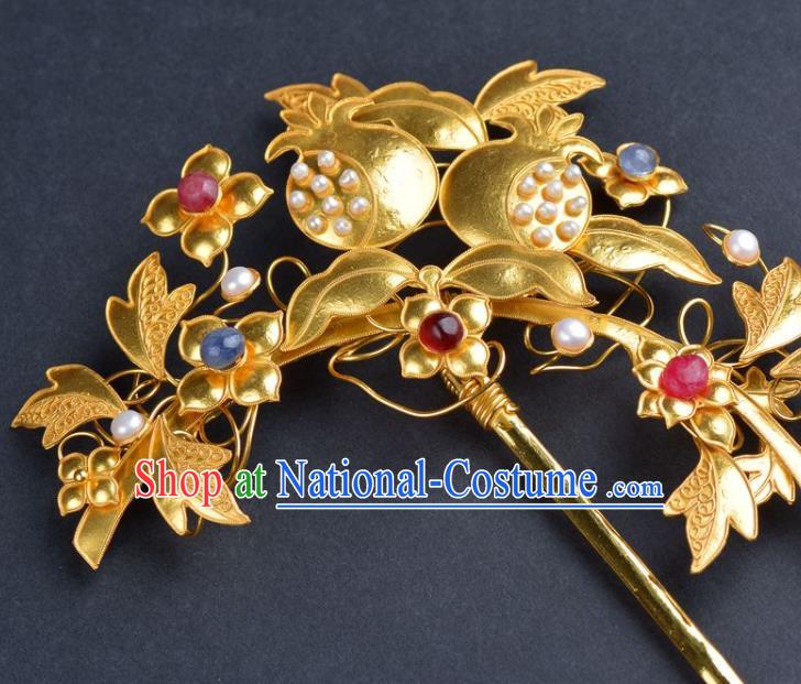 China Traditional Qing Dynasty Palace Golden Pomegranate Hair Stick Handmade Gems Hair Jewelry Ancient Empress Pearls Hairpin