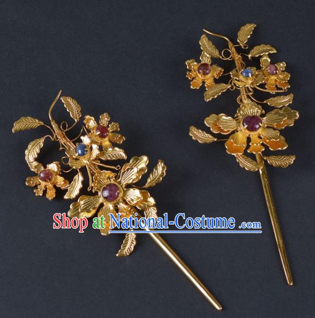 China Traditional Tang Dynasty Palace Golden Peony Hair Stick Handmade Hair Jewelry Ancient Empress Ruby Hairpin